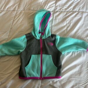 The North Face Teal and Gray Fleece Blanket with Pink Trim